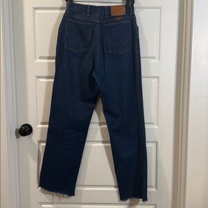 1970s Wrangler Vintage High-Waist Wide Leg Leather Patch jeans frayed bottoms 12